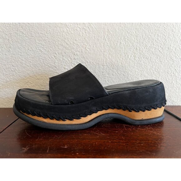 Vintage Space Robert Clergerie Slide Sandals Sz 7.5 Black Platform Wood Leather - Picture 1 of 11